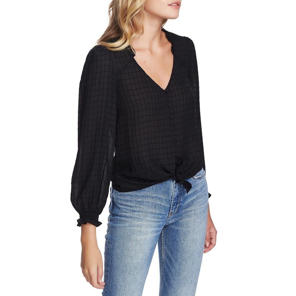 1. State Women's Long Sleeve Sheer Windowpane Tie Front Blouse Ivory NWT - Picture 6 of 8